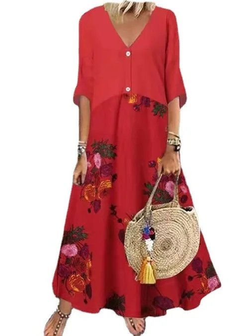 Dames ort Sve V-Ne bedrukte jumpsuit lange rok Dr Street Sle losse taille gebreid polyestervezel zomer Dr