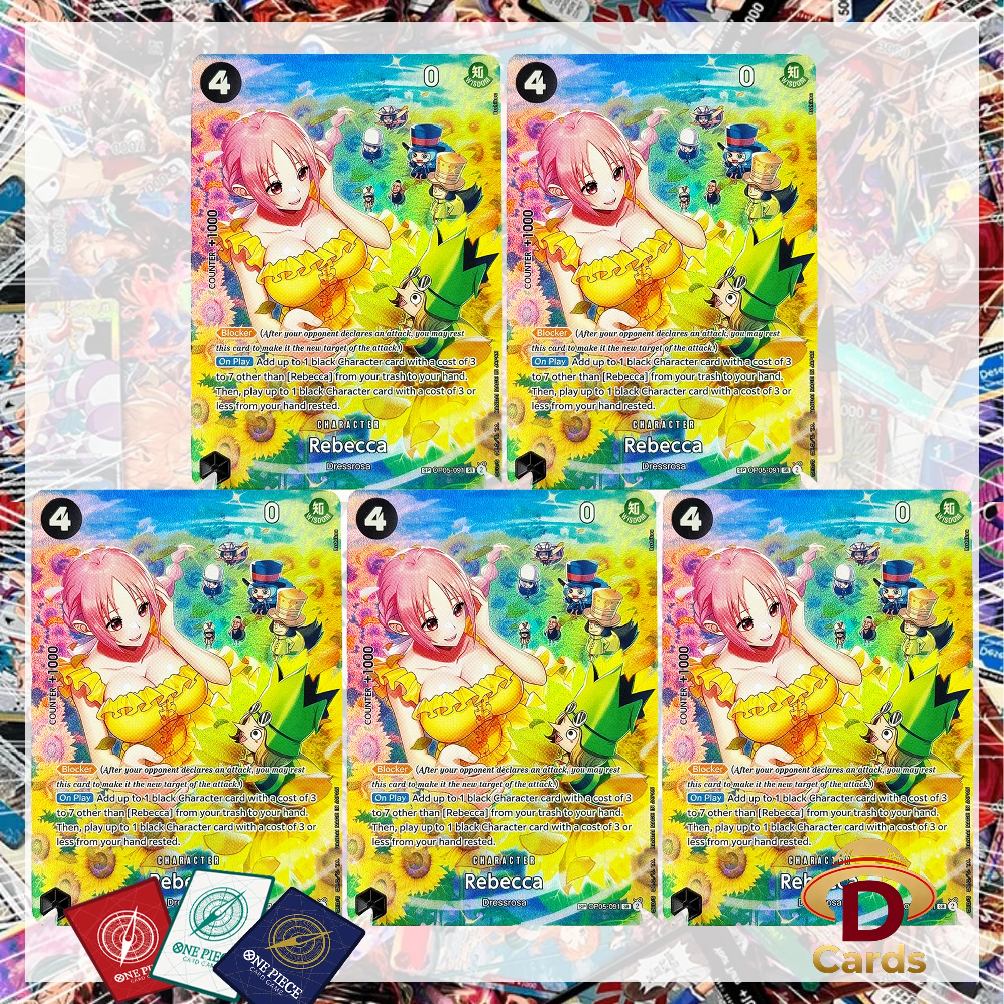 Tarjeta Coleccionable One Piece, Rebecca Dressrosa SP, Tarjeta de Personaje Rara, OP05-091, Réplica con Efecto Holográfico