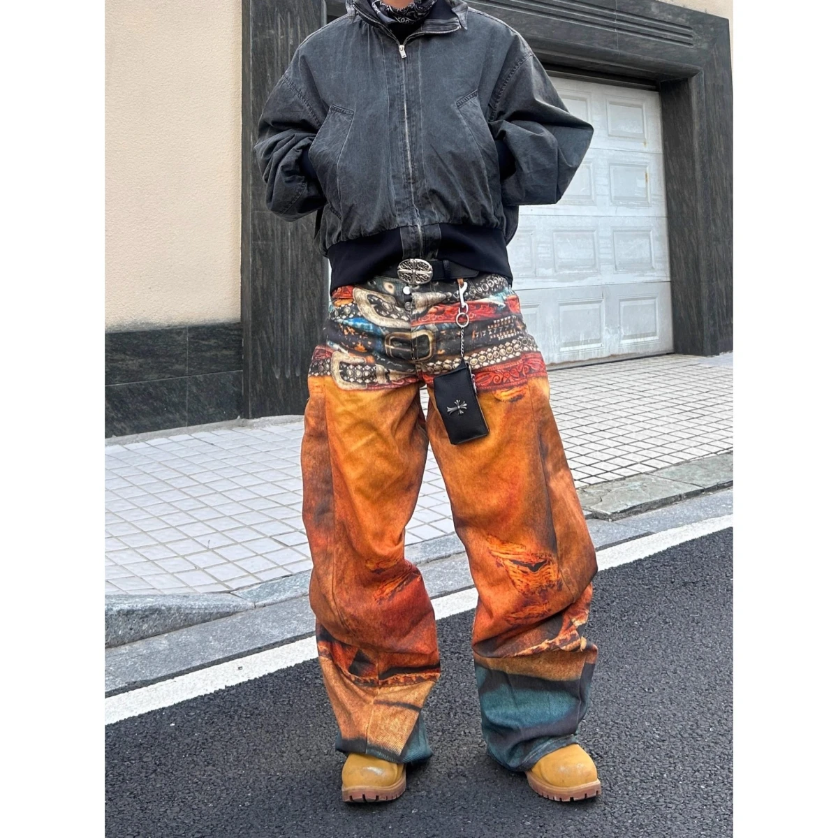 

American High Street Trendy Brand Men's Loose Straight Casual Pants Yellow Denim Jeans Digital Printing Fake Hole Multi-Way Belt