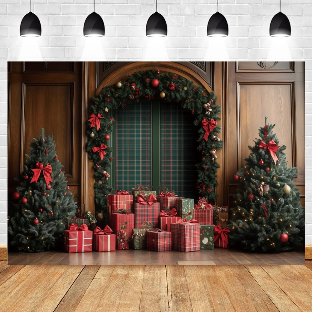 خلفيات عيد الميلاد الاحتفالية للصور الفوتوغرافية القوس الأحمر شجرة قوس الهدايا زينت الاطفال الأسرة صورة ديكور خلفية استوديو الصور