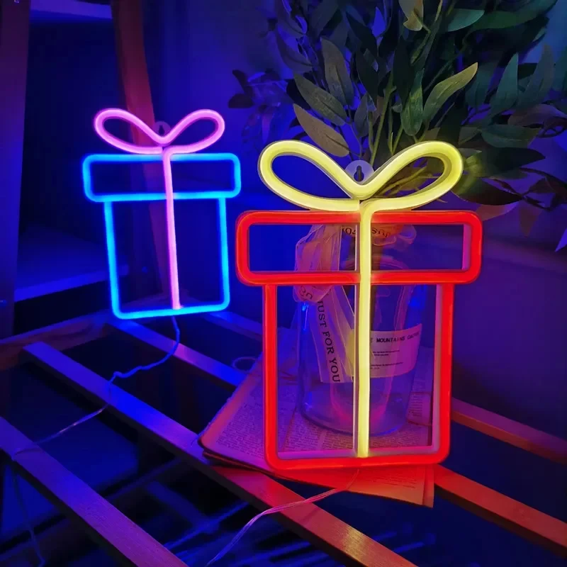 Gift Box Led Neon Sign Wall Light for Bedroom Kids Room Living Room Bar Party Wedding Decoration Christmas Gift Neon Night Light