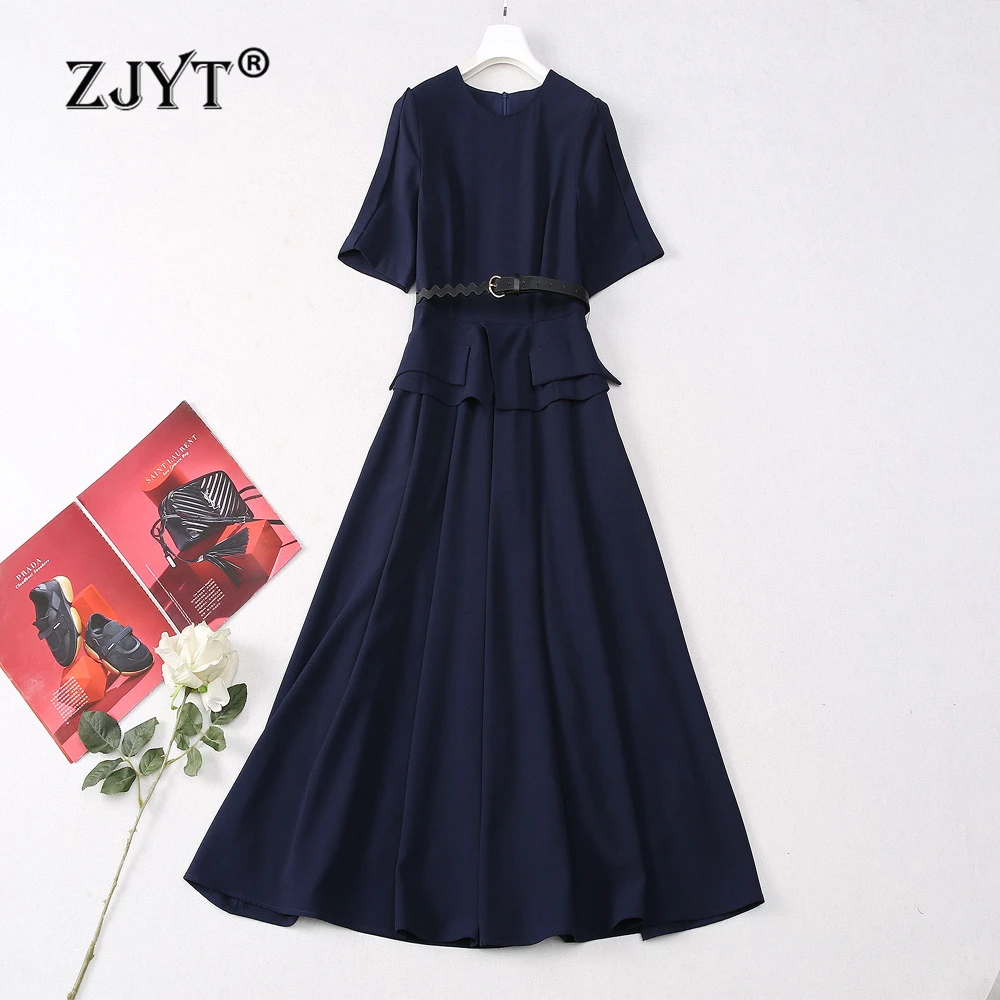 

ZJYT Fashion Summer One Piece Dress Women 2024 Elegant Chic Party Midi Dresses Short Sleeved Blue Vestidos Feminino Robes Femme