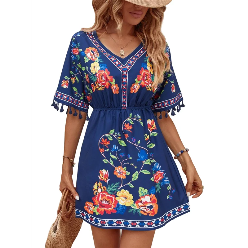 ABRT-Fiesta Haftowana meksykańska sukienka dla kobiet na wakacje na plaży Plus Size Letnie sukienki boho z krótkim rękawem i kieszenią