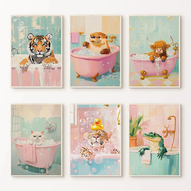 1pc frameless Canvas Painting Funny Cat Alligator Leopard Tiger in A Bathtub Poster Shark Canvas Painting Print Wall Art Picture