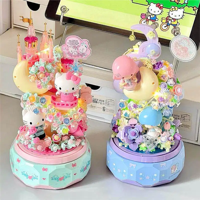 Wonder Moon Sanrio Building Block Hello Kitty Music Box Little Twin Stars Assembly Model Toys Desktop Ornament Birthday Gifts