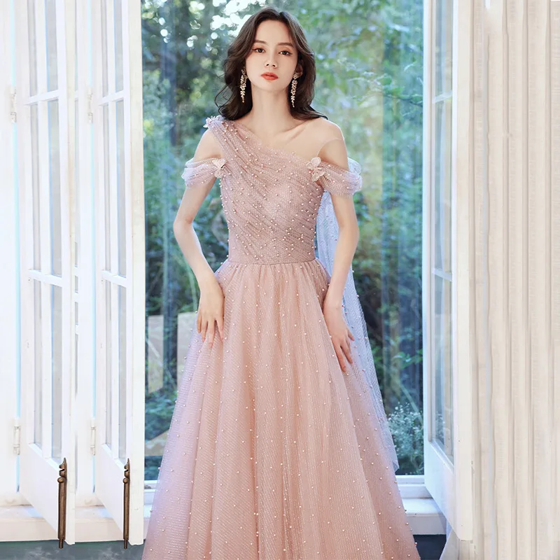 

Pink Pearl Long Evening Gown Women's Faionable High Waist Princ Sle Wedding Anniversary Performance Dr