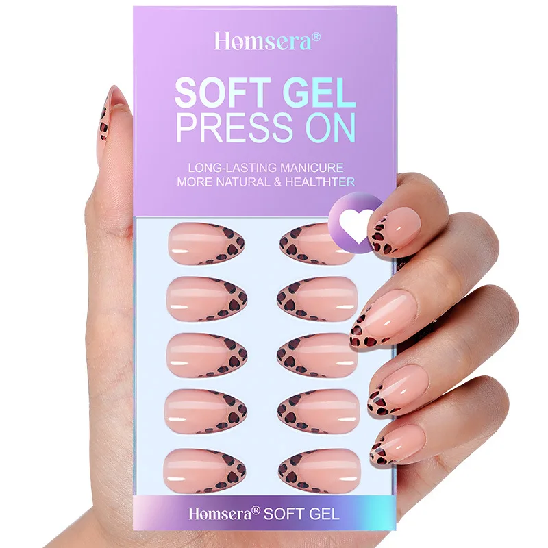 

32 шт. накладных ногтей с леопардовым принтом и однотонным дизайном, короткие, в форме миндаля, самоклеящиеся, готовые к использованию, накладные ногти для маникюра