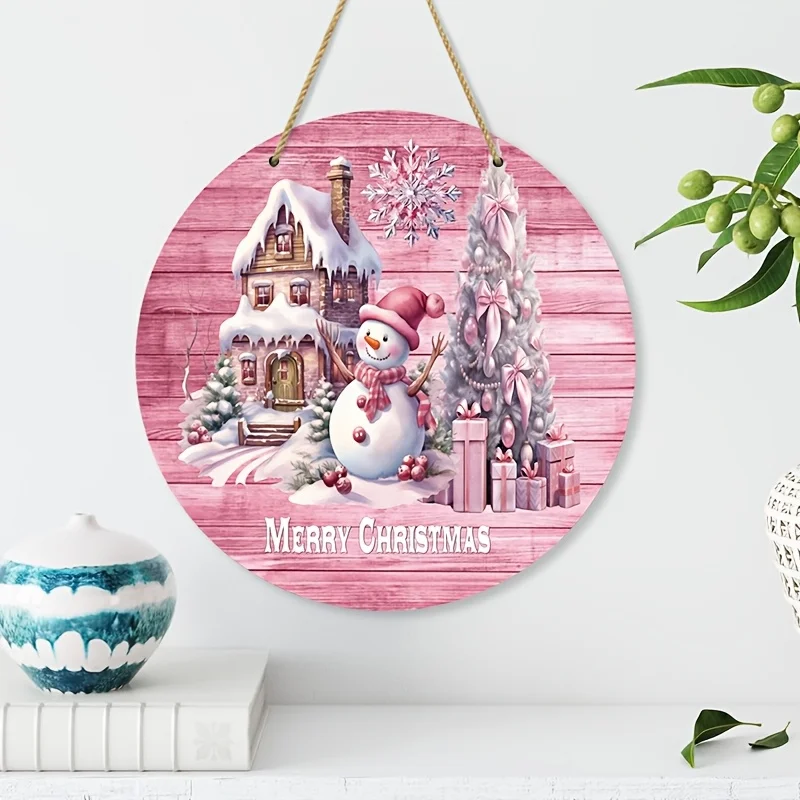 2D Flat Printing 1pc Charming Pink Christmas Wreath And Snowman Sign - Round Wooden Door Ornament, Suitable for Home, Office, Ba