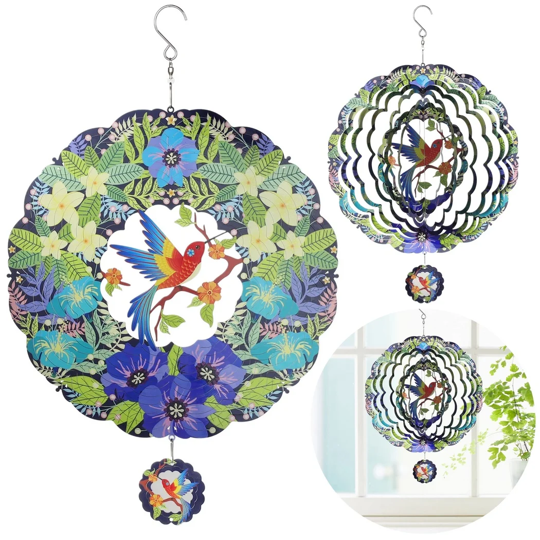 Hanging Hummingbird Wind Spinner 11.4in 3D Hummingbird Wind Spinner Stainless Steel Precisely Cut Geometric Hanging Decoration