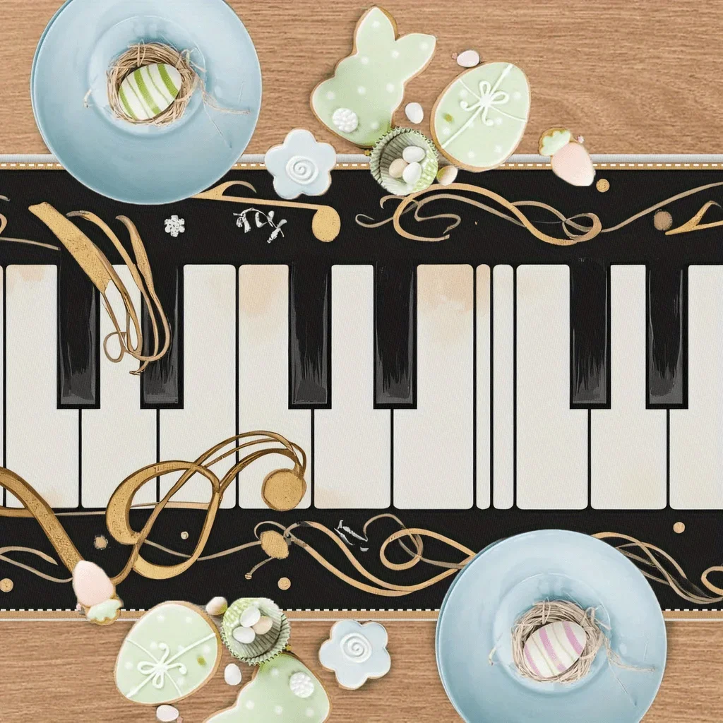 1Pc Piano Key Design Table Runner Black Gold Musical Note Print Table Cover For Dining Room Kitchen Party Decoration Tabletop De