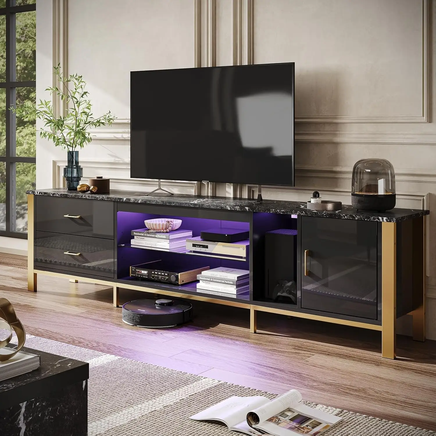TV Stand for 75/80/85/90 Inch TVs, LED Gaming Entertainment Center, Modern TV Cabinet with Glass Shelves for Living Room