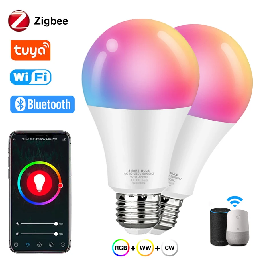 

RGB Smart LED Light Bulb E27 B22 15W 18W Zigbee/WiFi/Bluetooth Lamp Dimmable Voice Control Work With Alexa Google For Home Decor