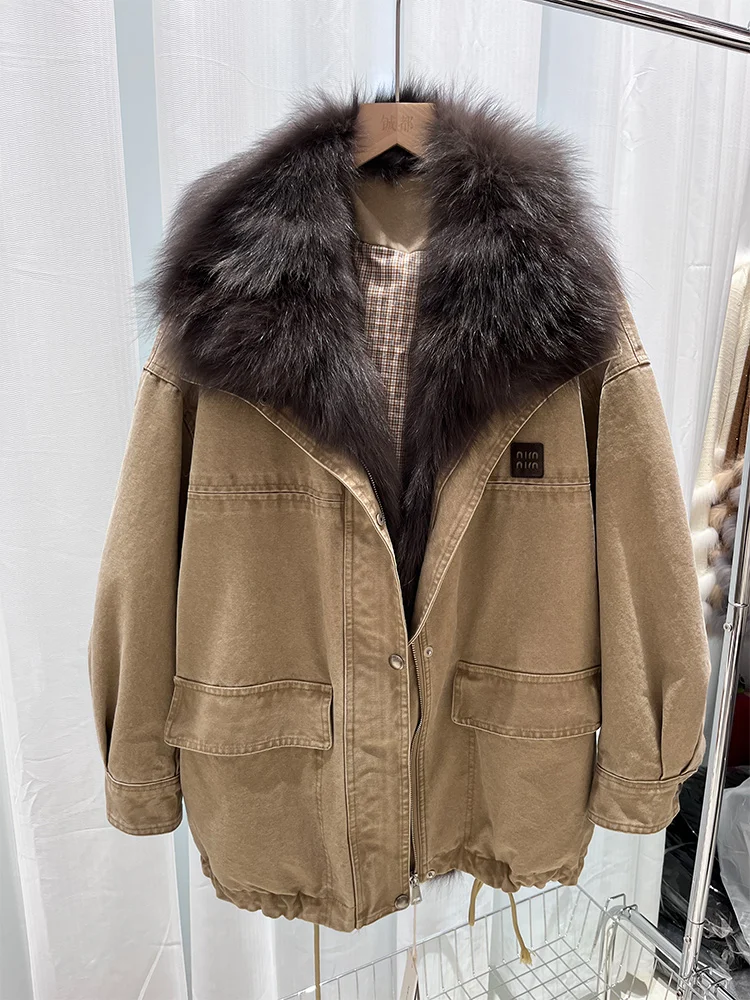 เสื้อโค้ทพาร์กาสำหรับผู้หญิง ฤดูหนาว ปกขนสุนัขจิ้งจอกแท้  บุด้วยขนห่าน  เสื้อแจ็คเก็ตพัฟเฟอร์