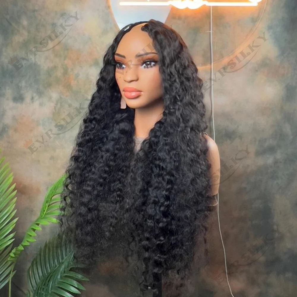 

Black Dark Brown Kinky Curly V Part Wig 100% Virgin Human Hair Bouncy Curl Wave Glueless U Part Wihs with clips combs Full Ends