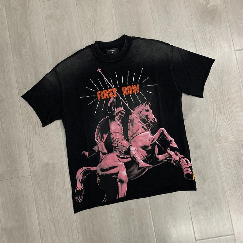 2026 New FIRST ROW T-shirt War Horse Letter Print Unisex High Street Rhinestone Trendy Retro Short Sleeve Tee