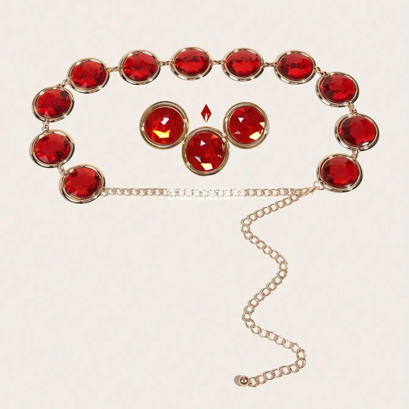 Women's Big Ruby Rhinestone Inlaid Metal Chain Fun Cosplay Waist Chain Belt Set Accessory for Halloween
