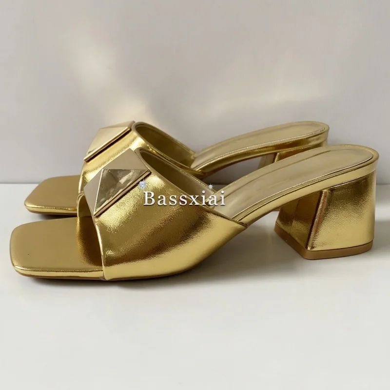 Concise Style Slingbacks Outwear Mules Summer Med Heel Big Rivet Decor Slim Sandals Women view 4