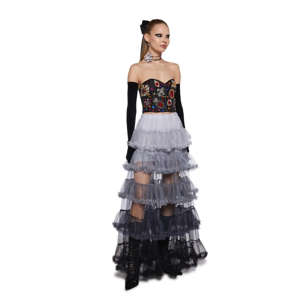 Gothic Multi Colored See Thru Long Tulle Women Skirts With Ruffles Trimmed Detail Illusion Tulle Female Maxi Skirt