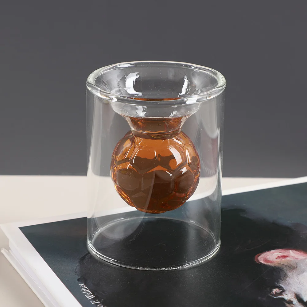 Copo de vidro de parede dupla futebol em forma de copo para vodka uísque licor bebida alcoólica mini 30ml