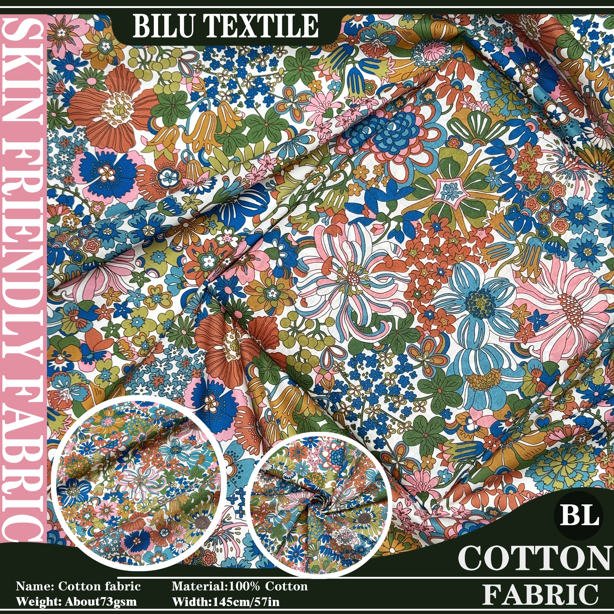

1/2/3/4/5M 100% Cotton Fabric Rainbow Garden 80S combed Cotton Poplin printing Sewing Making Dress Clothing Handmade DIY cloth