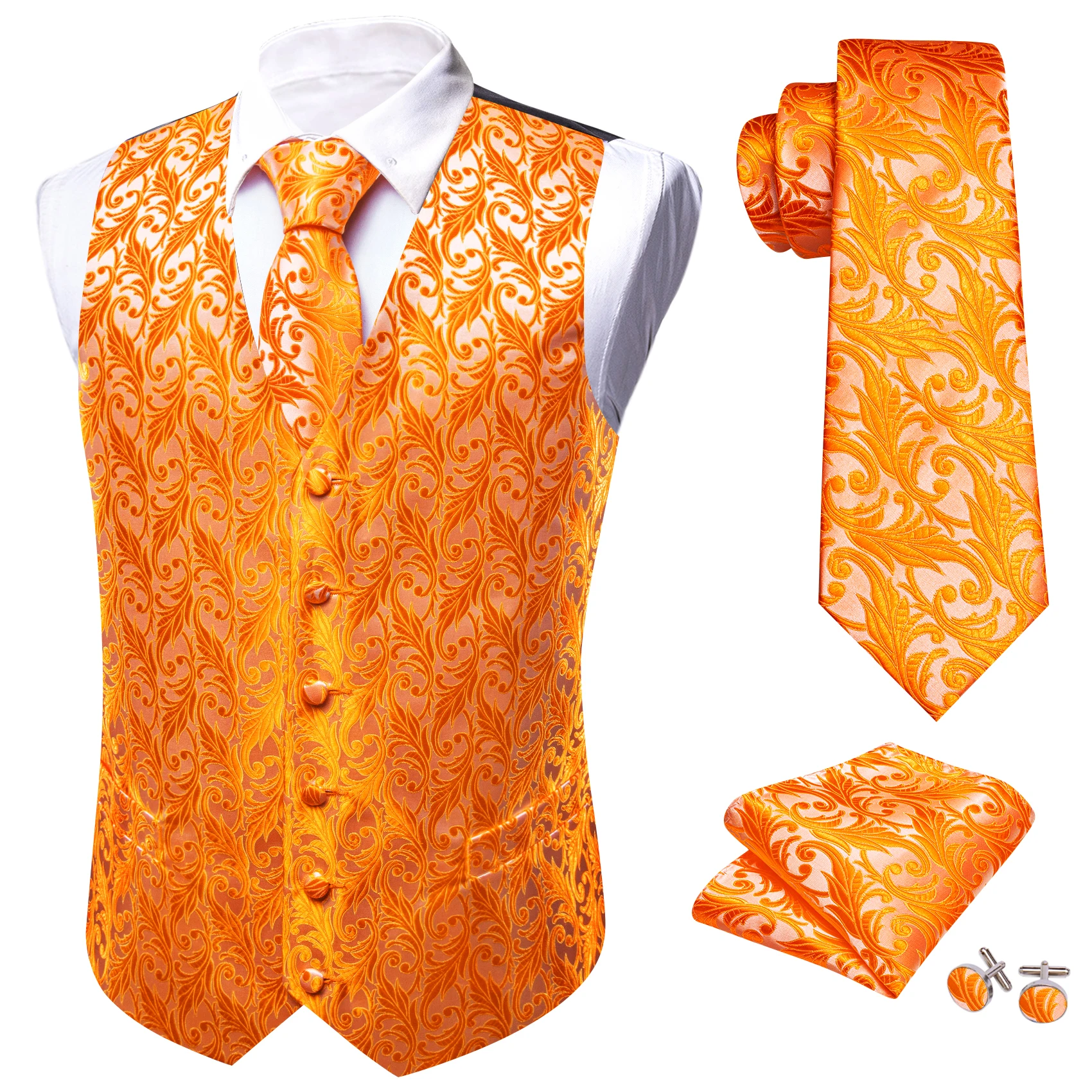 Designer Zijden Herenvest Goud Oranje Bloem Geborduurd Vest Bruiloft Zakelijke Feestpakken Mouwloos Jasje Barry Wang