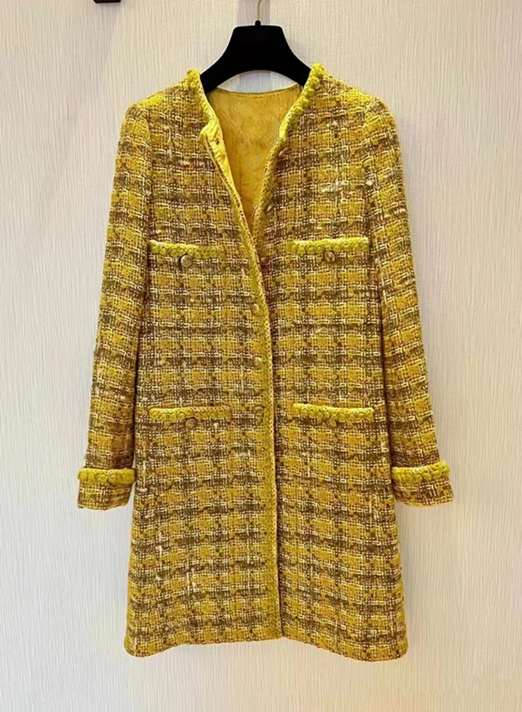 Cappotto in tweed scozzese giallo moda monopetto a maniche lunghe invernale 2024 da donna in Europa e negli Stati Uniti