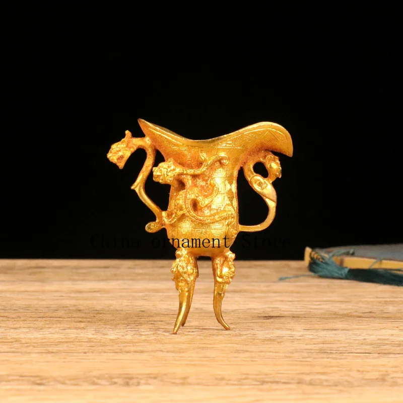 Antique alloy gilt Pixiu dragon-footed three-legged cup ornament, ancient wine cup, golden goblet, home decor craft