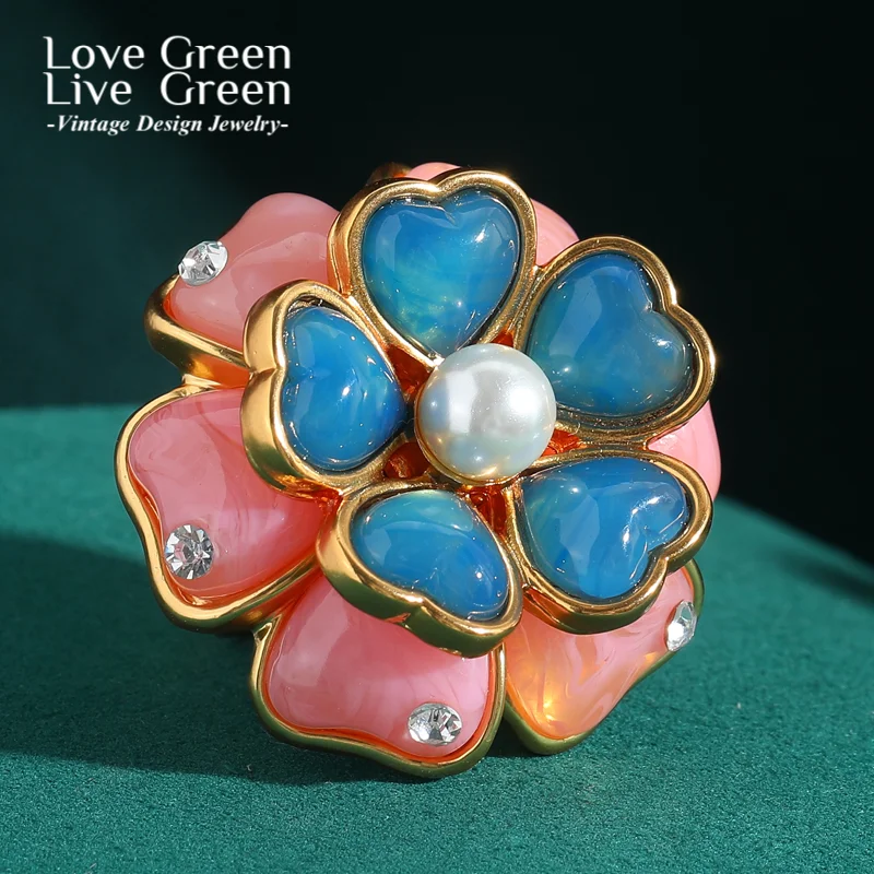 

Vintage Large Cocktail Flower Ring Decoration Pink Stone Blue Petal Woman Party Accessories Gold Color Luxury Quality Jewelry
