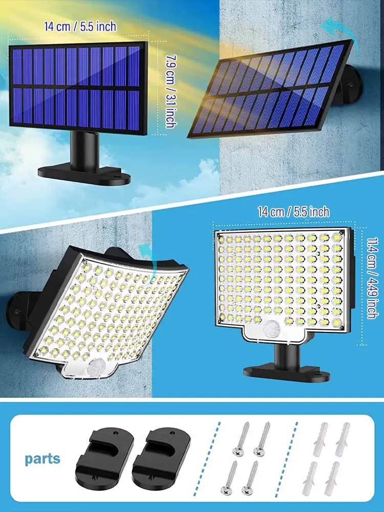 Imagem -03 - Led Solar Motion Light com Painel Separado Luzes de Inundação ao ar Livre Jardim e Garagem Luzes de Parede Impermeáveis Modos de Luz 106