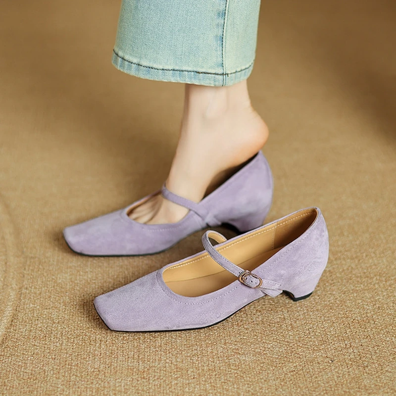 NEW Spring/Autumn Women Pumps Kid Suede Leather Shoes for Women Square Toe Chunky Heel Shoes Solid Buckle Strap Mary Janes Shoes