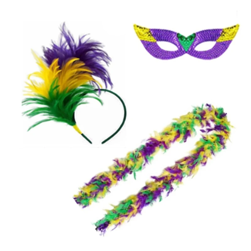 

3Pcs Mardi Gras Party Costume Eyemask Headband Neckerchief for Halloween Party N7YF