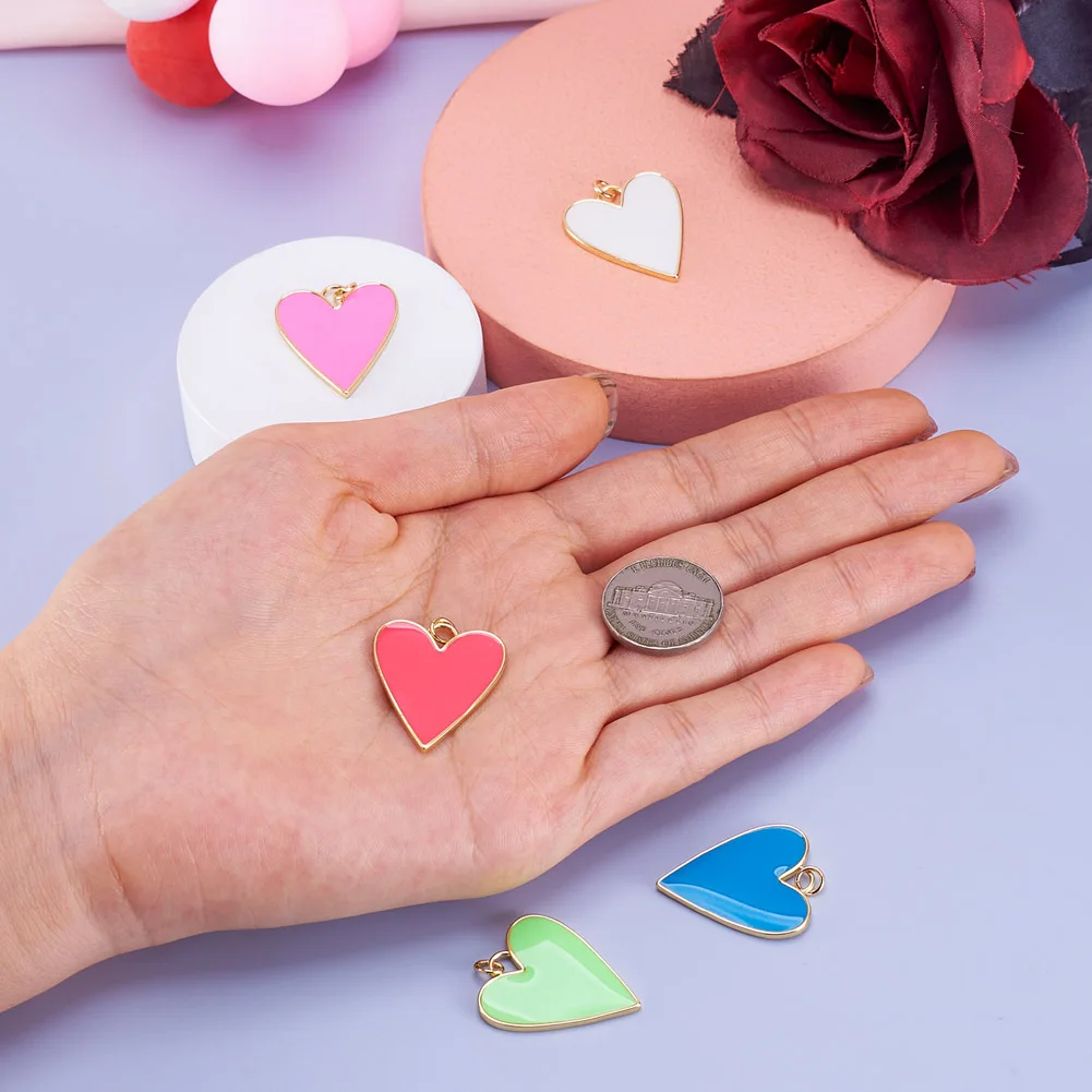 Pandahall 5Pcs Random Color Heart Shape Brass Enamel Pendants Long-Lasting Plated Charms For Necklace Bracelet Jewelry Making