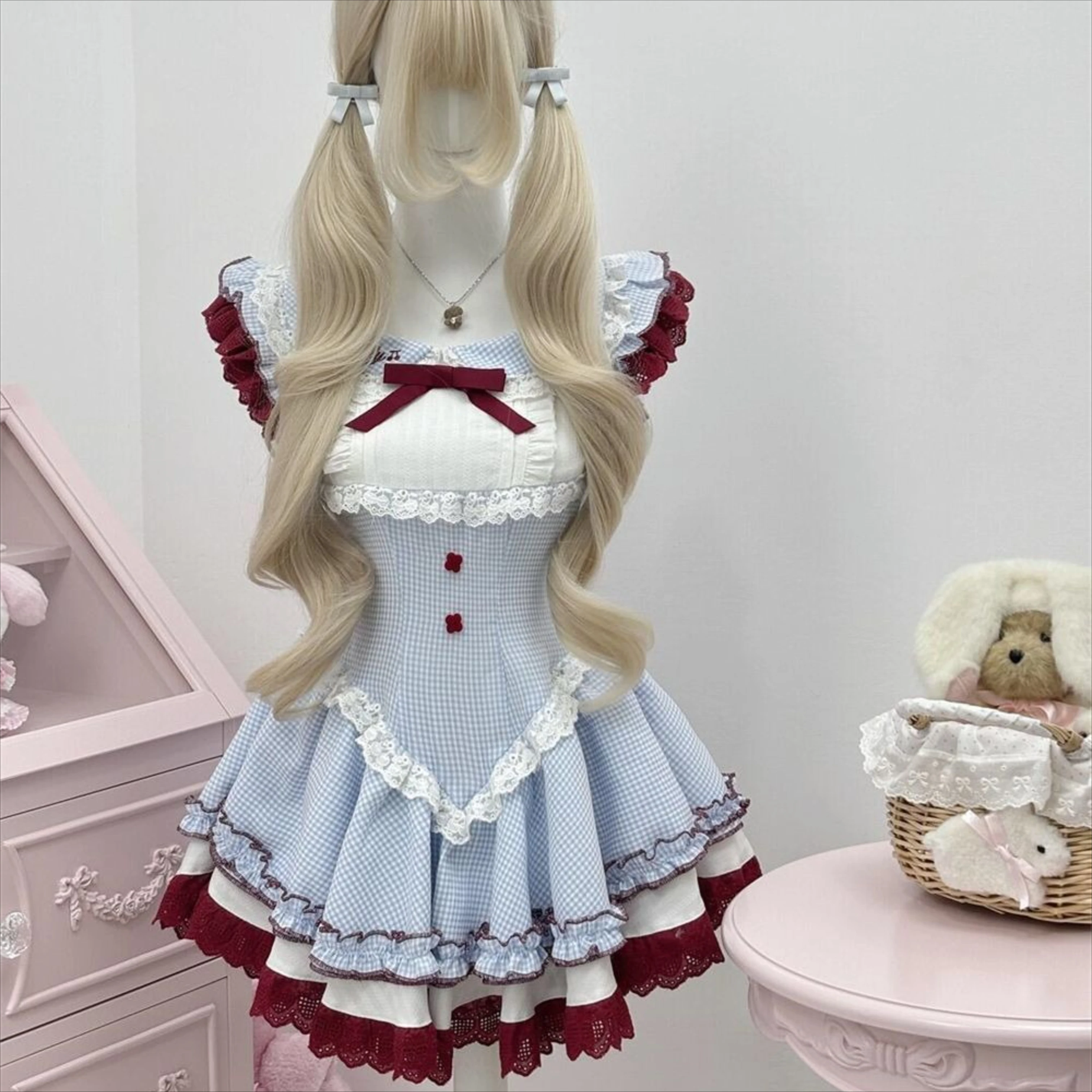 

Дизайн Kawaii Лоскутные платья в клетку с бантом Женская мода Прекрасные кружевные узкие синие наряды Летнее новое милое тонкое платье для женщин 2025