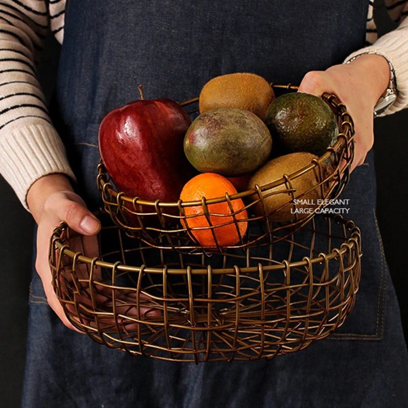 

for Home Kitchen Large Basket Room Decoration Accessories Retro Fruit Bowl Metal Table Centerpiece Round Fruit Storage Basket