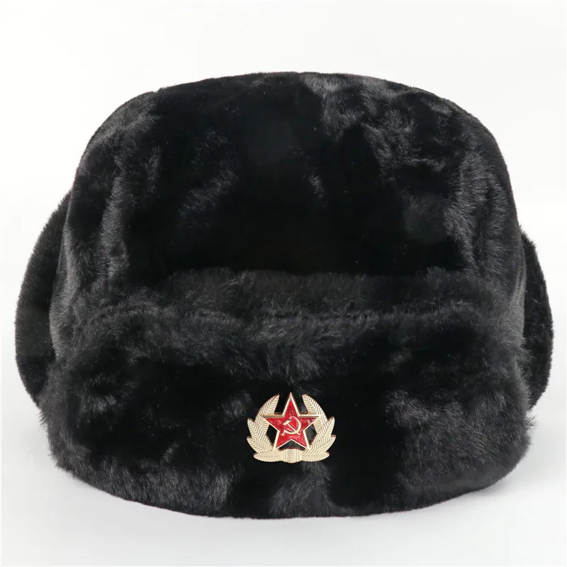 CAMOLAND Soviet Badge Bomber Hats Winter Warm Hat For Women Men Faux Fur Russia Hats Windproof Thermal Earflap Snow Caps