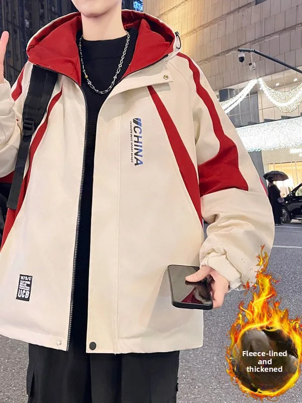 

Autumn Winter Thiened Hooded Cotton Jaet Men's Fce Lined Student Sle Coat Warm Faionable Casual Long Sve Zipper