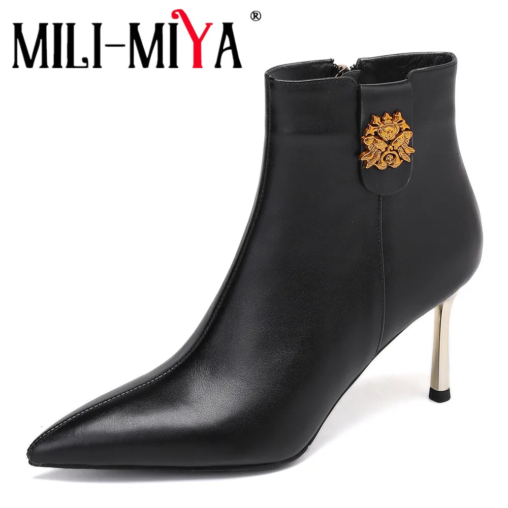 MILI-MIYA Women's Pointed-Toe Calfskin Ankle Boots With Extra-High Stiletto Heels Solid Color And Zipper Opening Shoes Handmade
