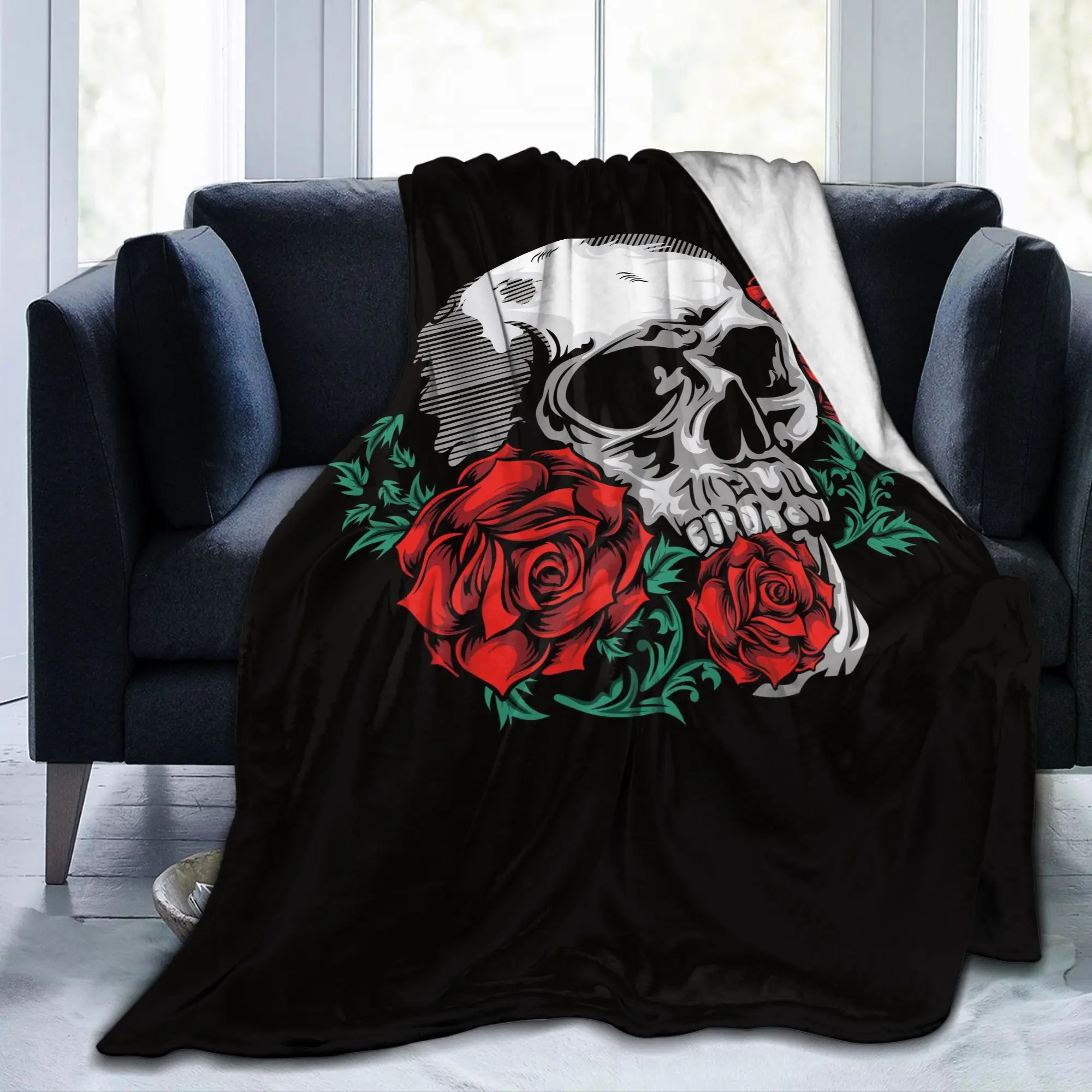 

Floral Skull Rose Blanket Fleece Gothic Modern Line Art Sherpa Soft Throw Blankets for Bedroom Sofa Bedspread
