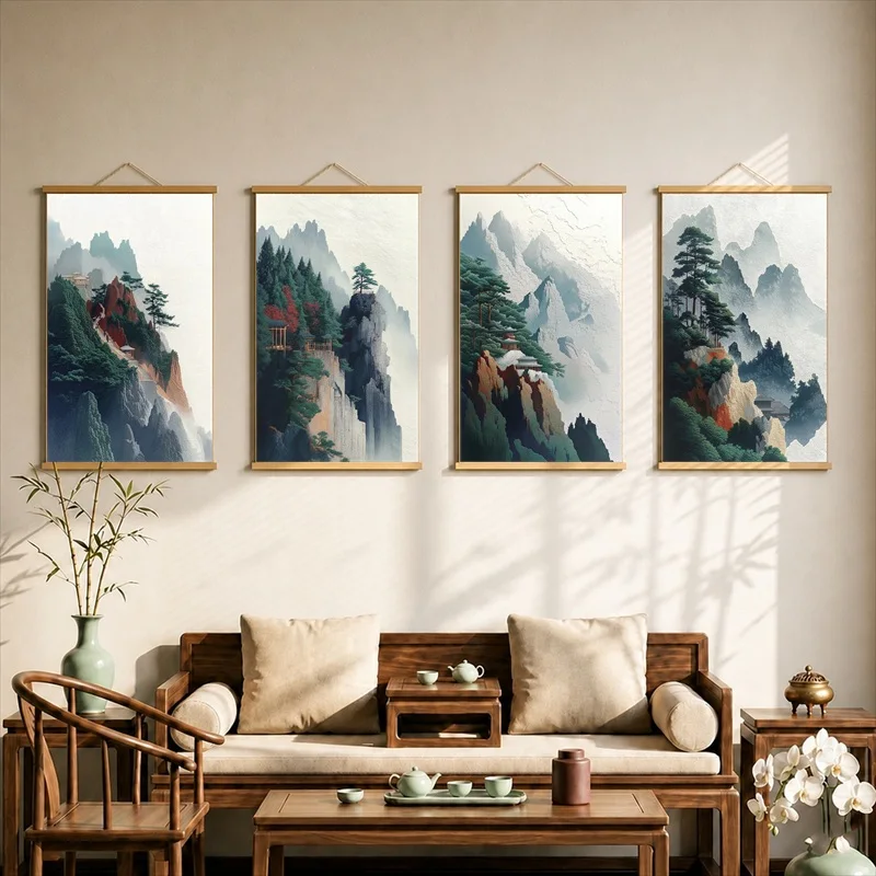 Wall Decor Strange Peaks Pine Trees and Mist, Oriental Ink Pearlescent Canvas Hanging Scroll with Wooden Rods for Tea House