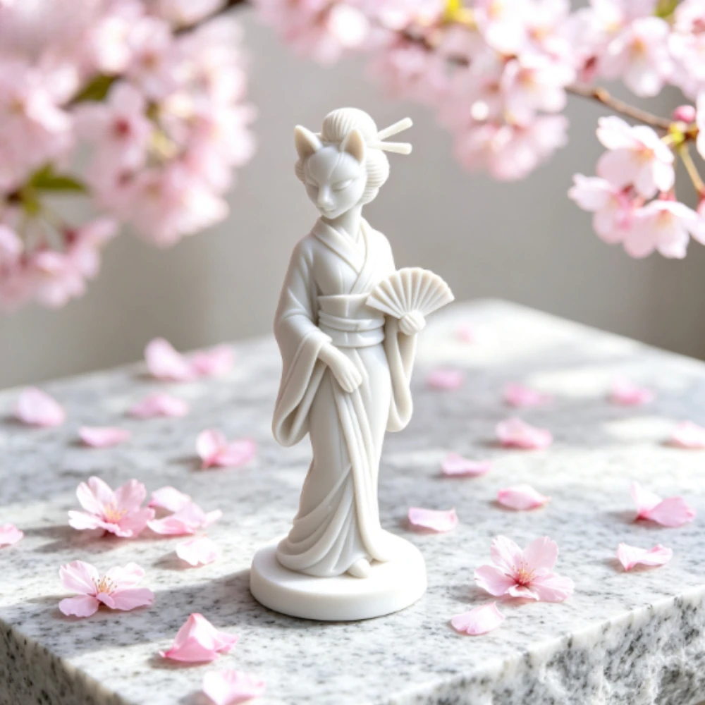 Cat Ears Geisha Figurines 3D‑Printed Fox‑Ear Japanese Kimono Lady Statue Mystical Desktop Ornaments Home Shelf Collectible Decor
