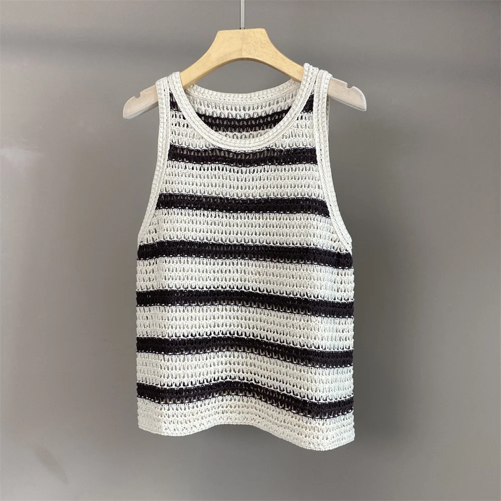 Women's Clothing Fashionable Commuting Casual Top Round Neck Hollow Contrast Color Sleeveless Knitted Vest