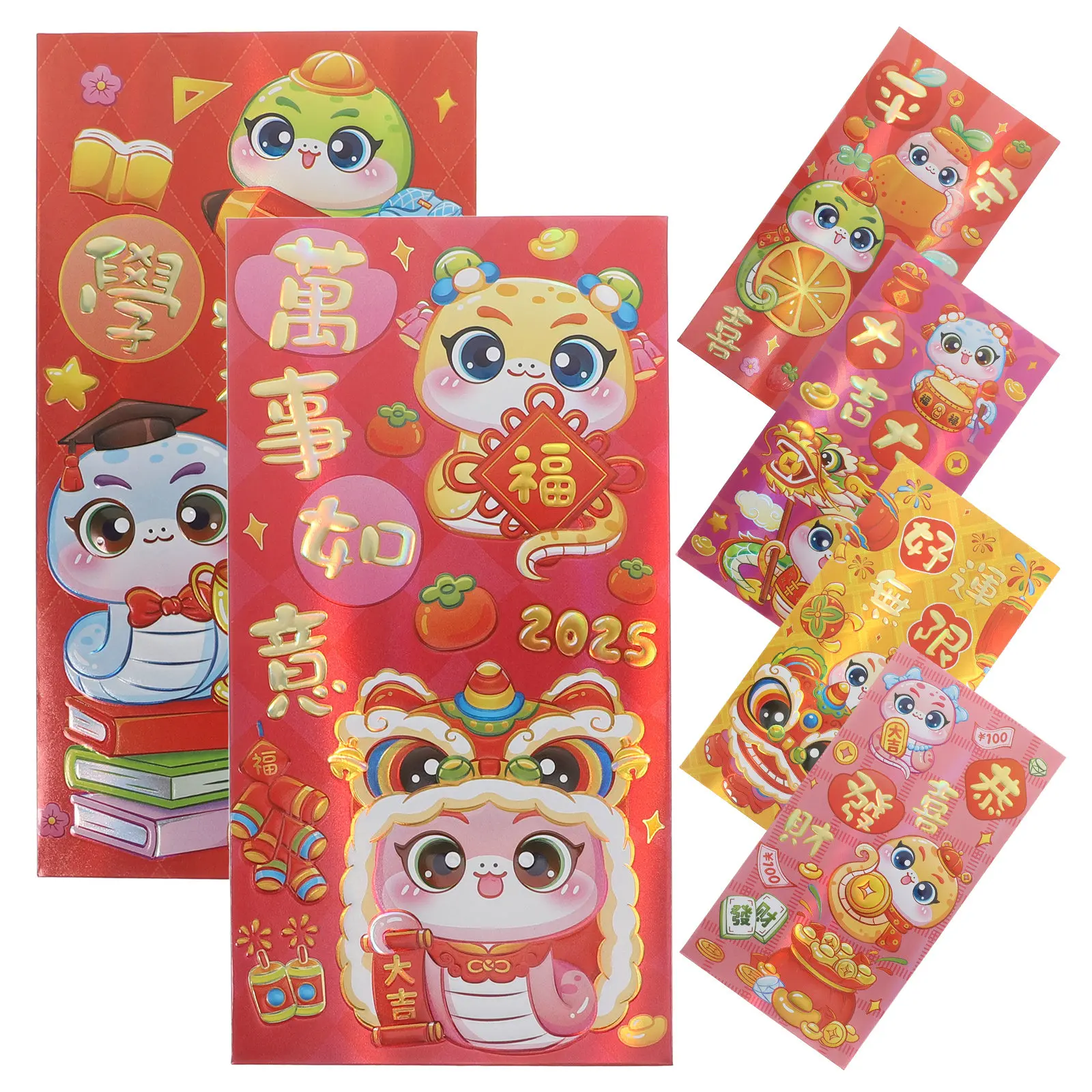 

6Pcs Envelopes with Adorable Cartoon Snake Prints Fine Printing Vivid Colors Secure Foldable Money Holders Chinese