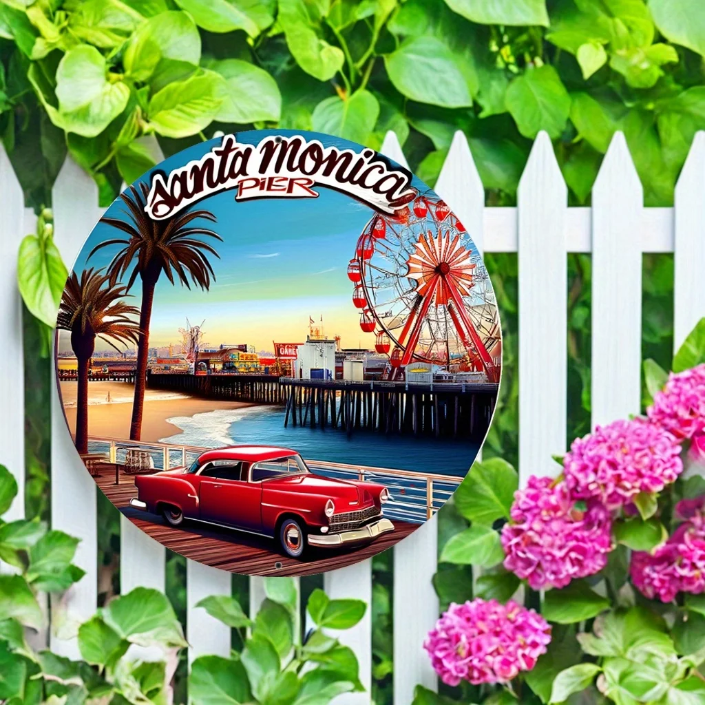 1 Stück Vintage Rotes Auto & Riesenrad Metall-Wandkunst - Rundes Nostalgisches Vergnügungspark-Schild Geeignet für Zuhause, Küche, Garten, Bar