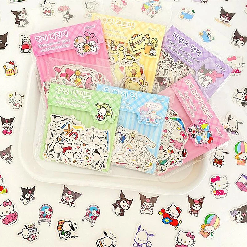 Impermeável adesivos para crianças, decalques, papelaria suprimentos, Sanrio, Hello Kitty, Cinnamoroll, Kuromi, minha melodia, bonito, conta de mão, 25 pcs, 100pcs