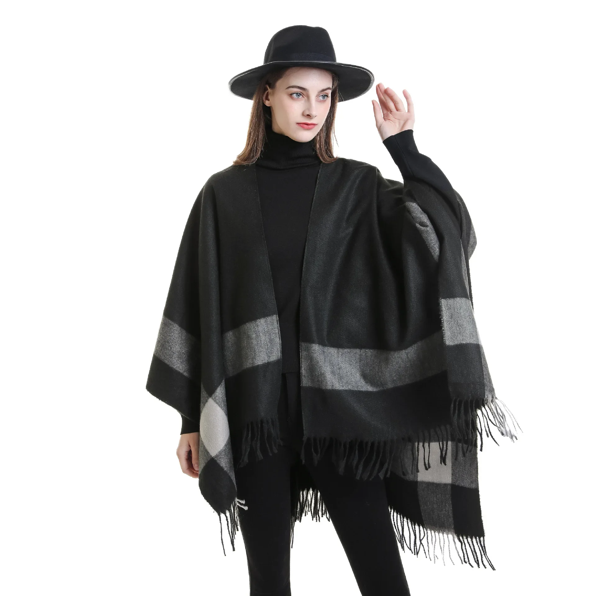 2024 new gradual change plaid shawl with cape, autumn and winter blanket warm tassel outdoor gift giving shawl