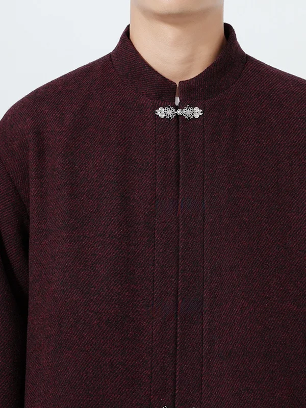 جديد الصينية Sle تانغ دعوى الرجال الخريف الشتاء الصوفية Jaet فضفاضة الوقوف طوق Zhongan معطف زر حتى طويل Sve ملابس خارجية