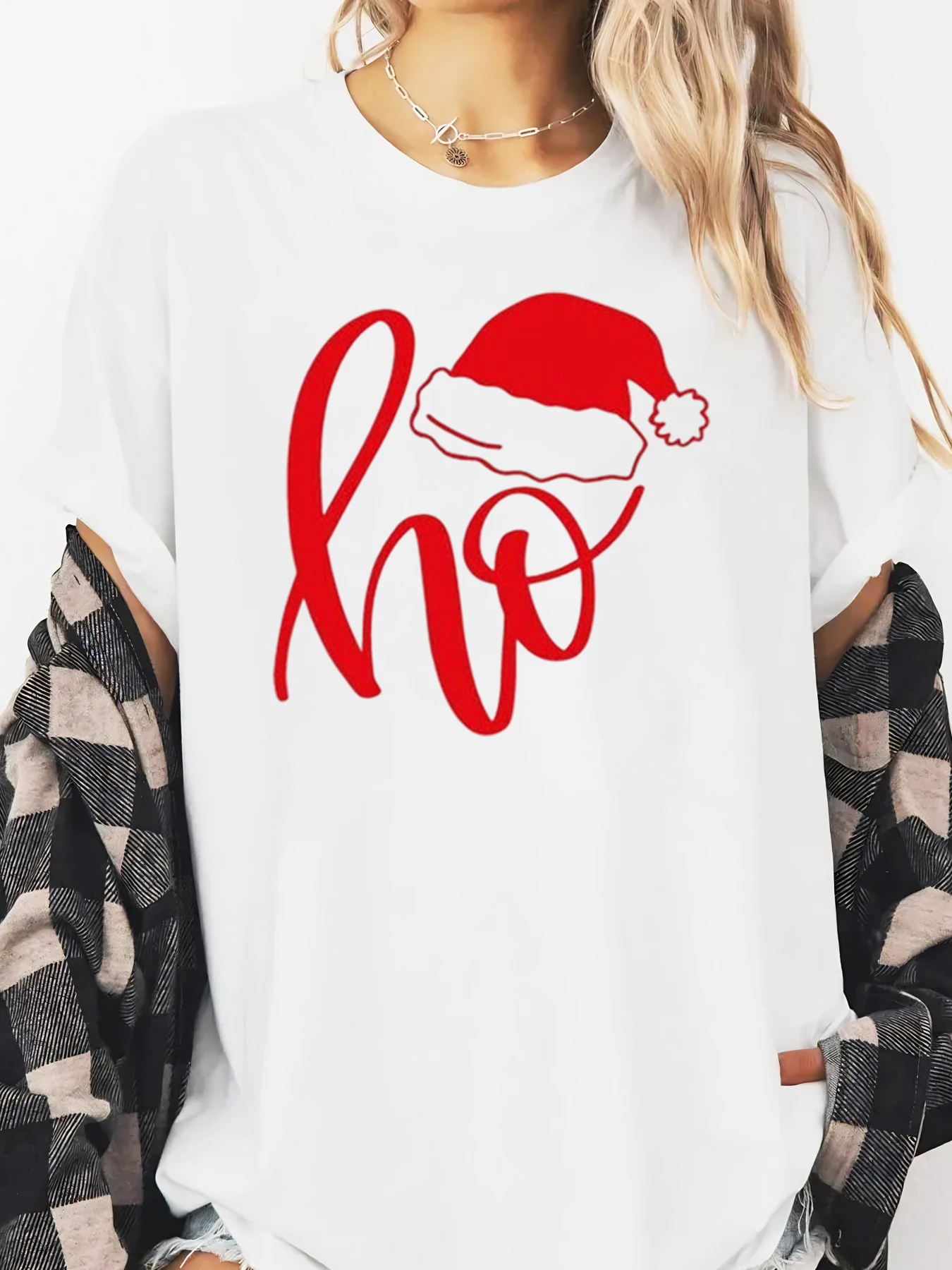 호 호 산타 모자 프린트 크리스마스 티셔츠 여성 캐주얼 홀리데이 파티 착용 화이트 플러스 사이즈