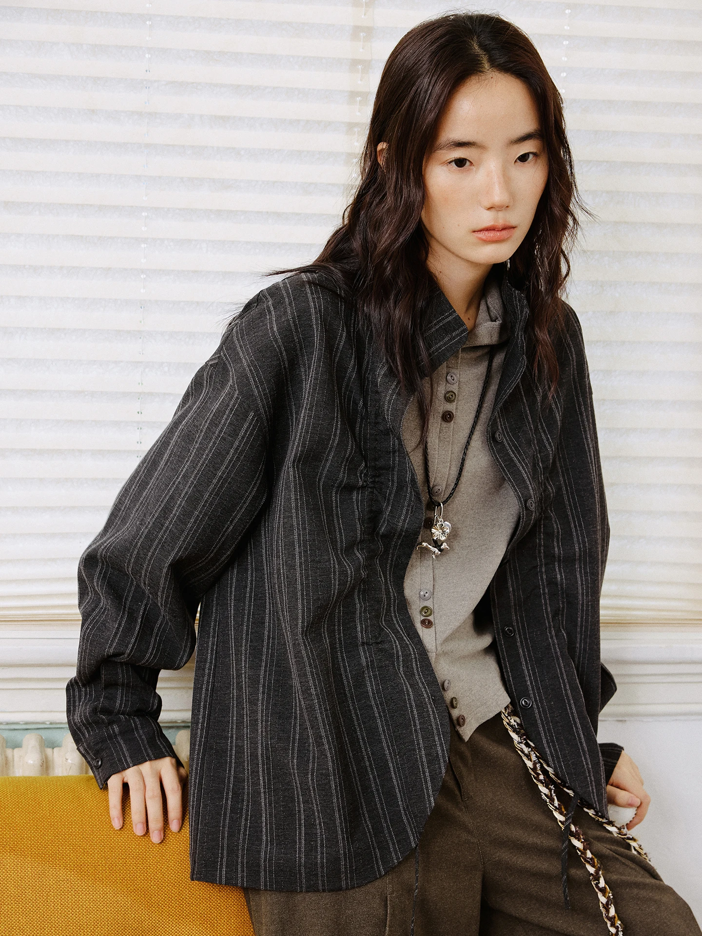 

Octopusme Women's Casual Sle irt Coat with Pleated Design And Stand Collar Vintage k Stripes Outerwear for Ladies