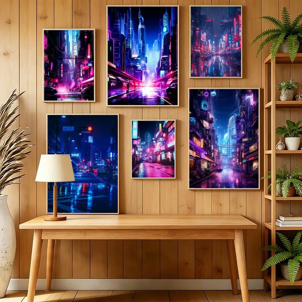 Tokyo Neon Futuristic City Street Poster HD Self Adhesive Wall Mural Stickers Decals for Bedroom Living Room Home Decor Gift