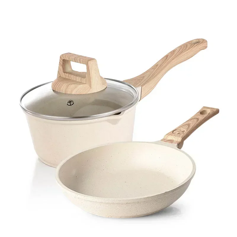 Set di padelle antiaderenti Maifan Stone Kitchen Soup Pot Milk Pan con manico in legno pentola Set di pentole utensili da cucina per la cucina